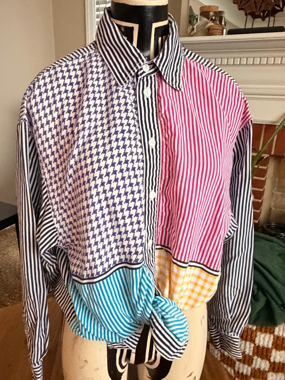 1980s Liz Claiborne Liz Wear Patterned Color Block Party Shirt